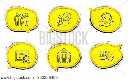 Startup Sign. Diploma Certificate, Save Planet Chat Bubbles. Quick Tips, Group And Partnership Line 