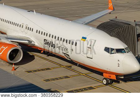 Lviv, Ukraine - 09 Aug 2020: Sky Up Charter Plane Unloads Baggage At The Lviv Lwo Danylo Halytski Na