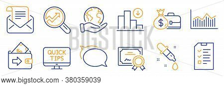 Set Of Education Icons, Such As Chemistry Pipette, Analytics. Certificate, Save Planet. Decreasing G
