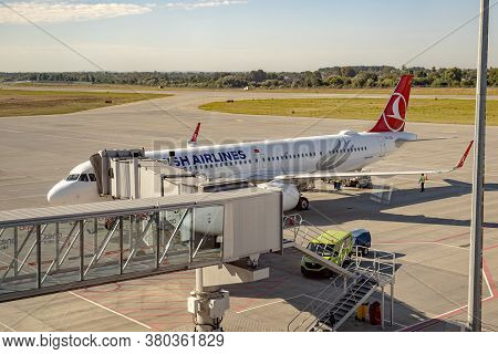 Lviv, Ukraine - 09 Aug 2020: Turkish Airlines Passenger Plane Uboards Up Passengers At The Lviv Lwo 