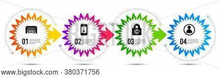 Avatar, Copyright Locker And Scroll Down Icons Simple Set. Timeline Steps Infographic. Parking Garag