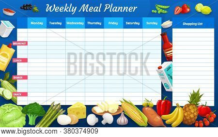 Weekly Meal Planner, Vector Timetable, Week Food Plan Organizer With Farm And Dairy Products. Calend