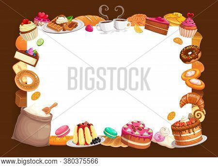Baker Shop Vector Frame, Bakery Pastry And Desserts, Sweet Baked Food Strawberry Cake, Pies, Waffles