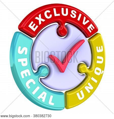 Exclusive, Special, Unique. The Check Mark In The Form Of A Puzzle. The Words Exclusive, Special, Un
