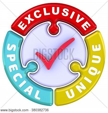 Exclusive, Special, Unique. The Check Mark In The Form Of A Puzzle. The Words Exclusive, Special, Un