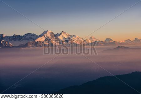 Panorama Of Snowcapped Mountain Range At Sunset. View From Pilatus Mountain, Luzern, Switzerland