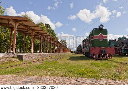 Haapsalu, Estonia - July 30, 2020: Railway Museum In The Town Of Haapsalu. In The Foreground Is The 