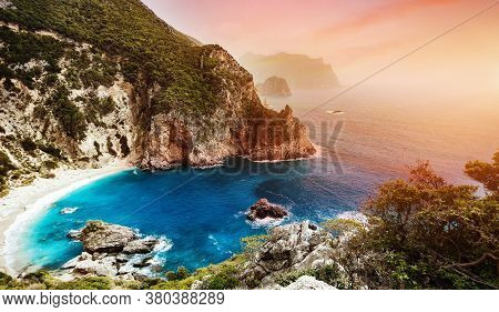Beautiful View Over The Sea Beach In Kerkyra Island. Wonderful Morning Seascape Of Ionian Sea, Corfu