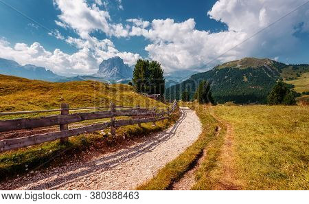 Incredible Landscape In Val Gardena With Passway On A Sunny Day. Scenic Image Of Famous Sassolungo P