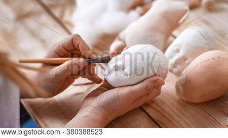 Workflow, Masters Of Making Handmade Dolls, Made By Hand From Textiles, In Retro Style. Designer Dol