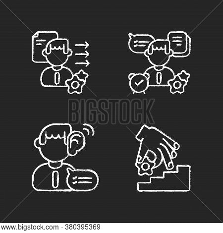 Professional Skills Development Chalk White Icons Set On Black Background. Self Organization, Listen