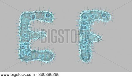 Set of letters made of virus isolated on gray background. Capital letter E, F. 3d rendering. Covid font 3d