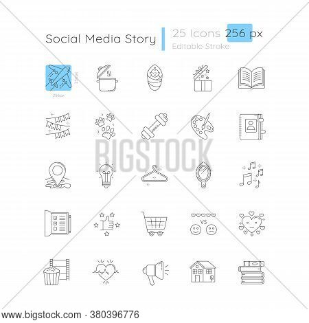 Social Media Story Linear Icons Set. Travel And Tourism. Cooking Recipe. Creative Hobby. Customizabl