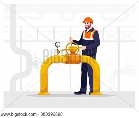 Pipeline Repair Semi Flat Vector Illustration. Gasman Working. Fuel Production And Transportation Ma