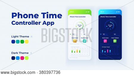Phone Time Controller Cartoon Smartphone Interface Vector Templates Set. Mobile App Screen Page Day 