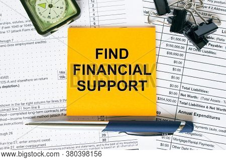 Text Find Financial Support On Note Paper With Pen, Compass And Paper Clips