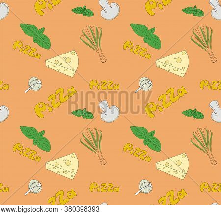 Seamless Illustration On The Theme Of Pizza. Pattern With Onions, Garlic, Cheese, Mushrooms, Basil, 