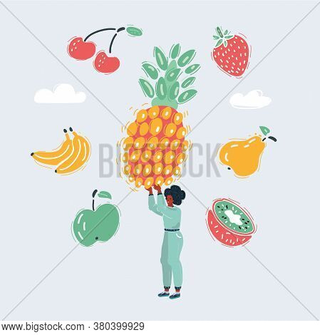 Vector Illustration Of Woman Holding Big Giant Pineapple In His Hands And Stand On White Background.