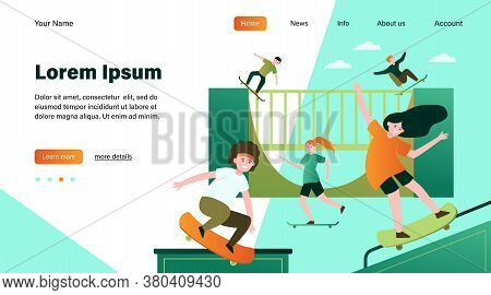 Fun Extreme Skateboard Park Flat Vector Illustration. Cartoon Teenagers Jumping And Doing Tricks Wit