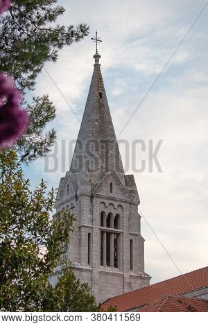 Beautiful Top Of The Belltower Of An Old Church In The Village Of Selca , On The Island Of Brac In C