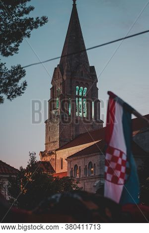 Beautiful Top Of The Belltower Of An Old Church In The Village Of Selca , On The Island Of Brac In C