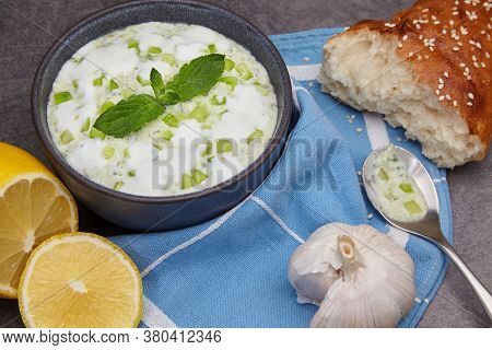 Tzatziki Sauce Of Fresh Cucumber, Mint And Yogurt With Lemon And Garlic