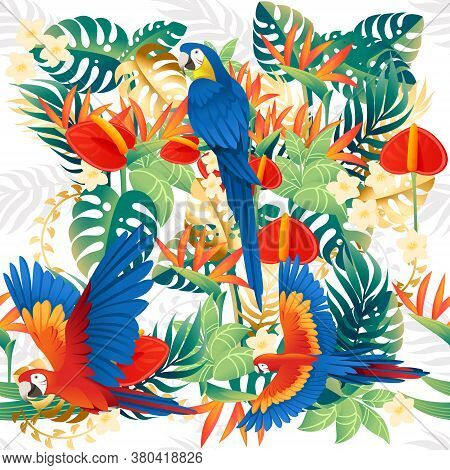 Seamless Pattern Cute Ara Parrot Sit With Green Leaves Cartoon Animal Design Flat Vector Illustratio
