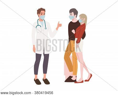 Couple Visit A Doctor Young People Wearing Surgical Mask Social Distance And Safety Cartoon Characte