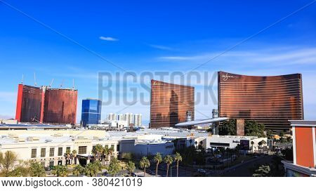 LAS VEGAS - DEC 27, 2019: Wynn and Encore Las Vegas hotels on Strip in Las Vegas, Nevada, USA.  Wynn resort is named after casino developer Steve Wynn and is the flagship property of Wynn Resorts.