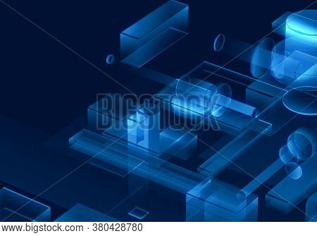 Cyber Blue Isometric Neon City Virtual Reality Background. Abstract Technology Innovation Future Dig