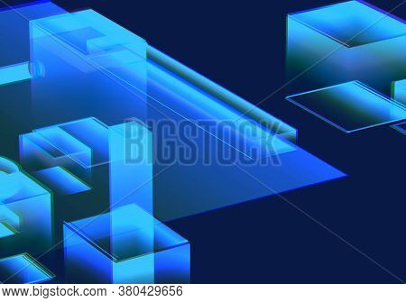 Cyber Blue Isometric Neon City Virtual Reality Background. Abstract Technology Innovation Future Dig