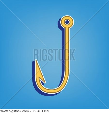 Fishing Hook Sign Illustration. Golden Icon With White Contour At Light Blue Background. Illustratio