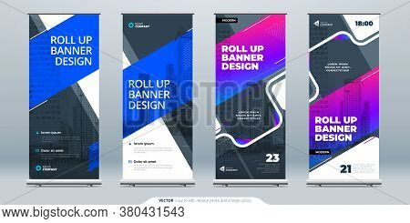 Blue Business Roll Up Banner. Abstract Roll Up Background For Presentation. Vertical Roll Up, X-stan
