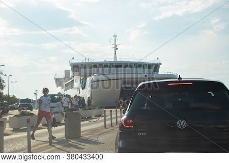 Supetar Croatia August 2020 View From Inside The Car, Boarding A Car Ferry, Waiting In Queue In The 