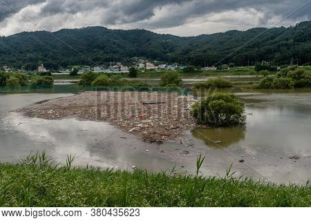 Daejeon, South Korea; August 9, 2020: For Editorial Use Only. Landscape Of Flooded River With Island