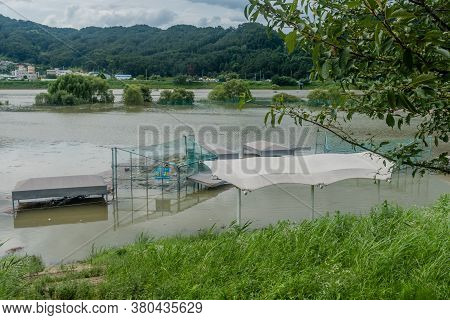 Daejeon, South Korea; August 9, 2020: For Editorial Use Only. Baseball Diamond Submerged In Flooded 