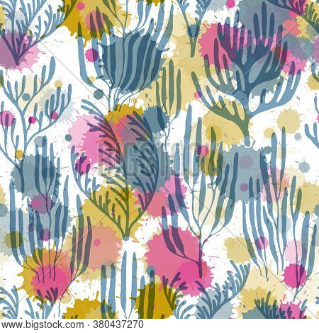 Coral Polyps Seamless Pattern. Paint Splashes Drops Watercolor Background. Underwater Plants Fabric 