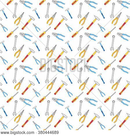 Colorful Working Tools For Construction And Repair On A White Background. Vector Seamless Pattern Fo