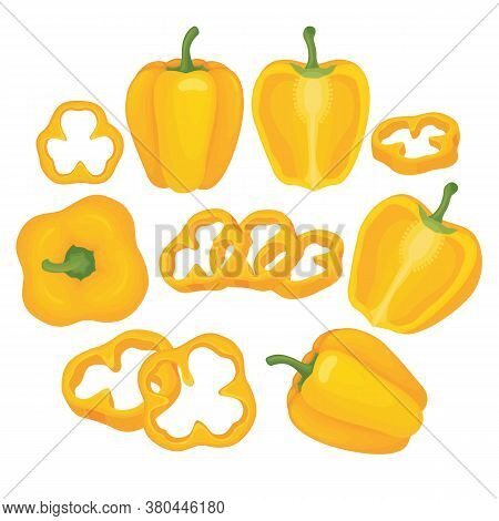 Yellow Paprika Vector Set Illustration With Whole Paprika And Sliced Paprika