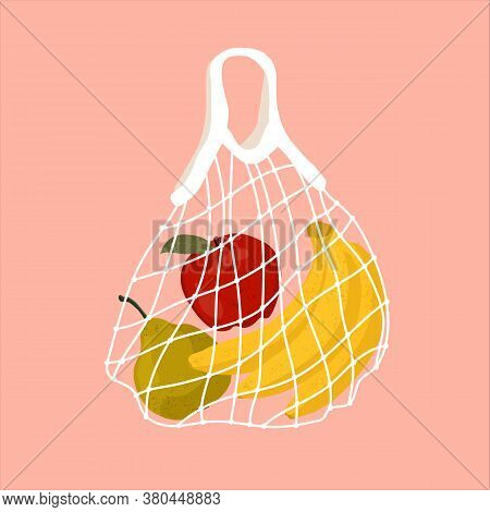 Fruit In A Mesh Bag. A Variety Of Fresh Tropical Fruits In A Reusable Eco Bag. Vector Stock Illustra