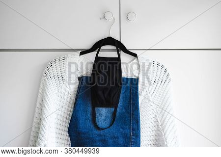 The New Normal After The Covid-19Pandemic, Woman's Outfit Of The Day With Reusable Fabric Face Mask