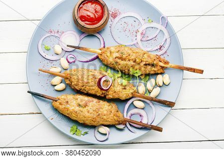 Grilled Kebabs On Wooden Skewers