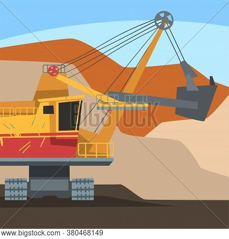 Dumping Truck Working At Mining Quarry, Metallurgical Industry Concept Vector Illustration