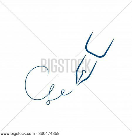 Pen Icon, Signature In The Style Of Brush Strokes. Signature In The Form Of The Letter G.
