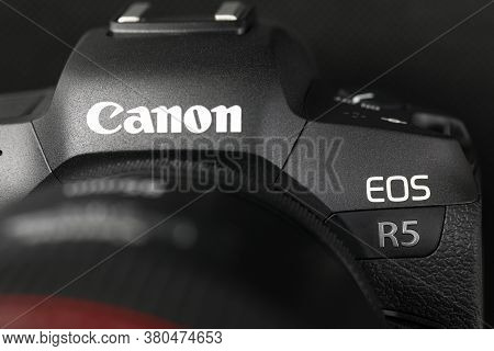 Barcelona, Spain - July 31, 2020: Brand New Mirrorless Digital Camera Canon R5 Closeup