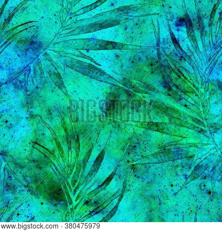 Tropical Seamless Pattern.  Turquoise Cosmic Background. Fashion Hand Drawn Texture. Tropical Seamle