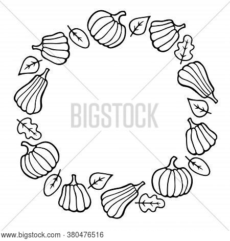 Black Doodle Outline Pumpkins And Leaves Round Frame. Hand Drawn Border For Halloween And Thanksgivi
