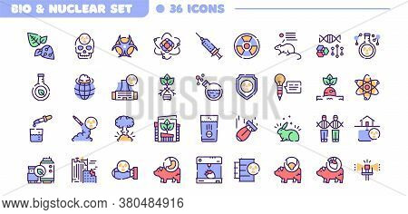 Bio Technologies And Nuclear Color Linear Vector Icons Set. Biotech Concept