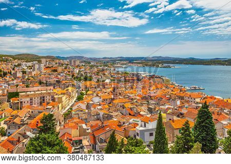 City Skyline Of Sibenik From St. Michael's Fortress. An Ancient Town On The Dalmatian Coast Of Adria