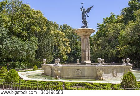 Valladolid, Spain - July 18th, 2020: Allegory Of The Fame Fountain At Campo Grande.  Large Public Pa